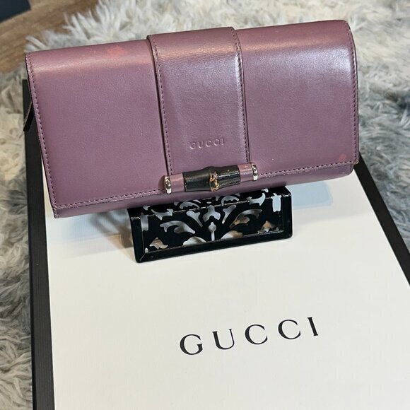 GUCCI BAMBOO WALLET / TRIFOLD MAUVE LEATHER DESIGNER WALLET | EASY 2 CONVERT WOC - Picture 1 of 2
